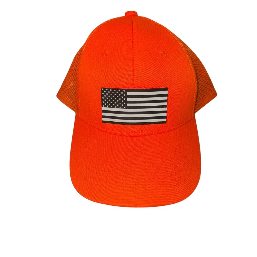 Men's Academy Outdoor Caps Bright Orange Trucker Hat American Flag Patch
